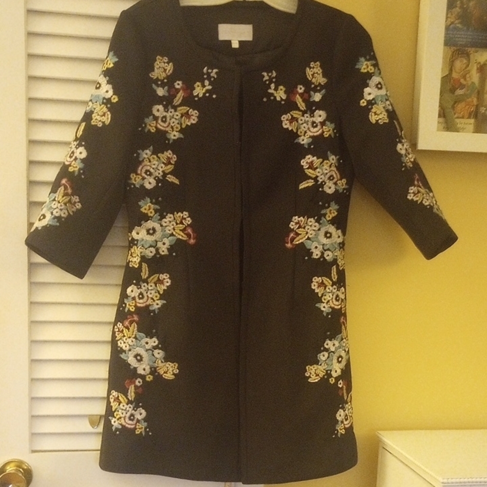 Floral Embroidered Black Coat